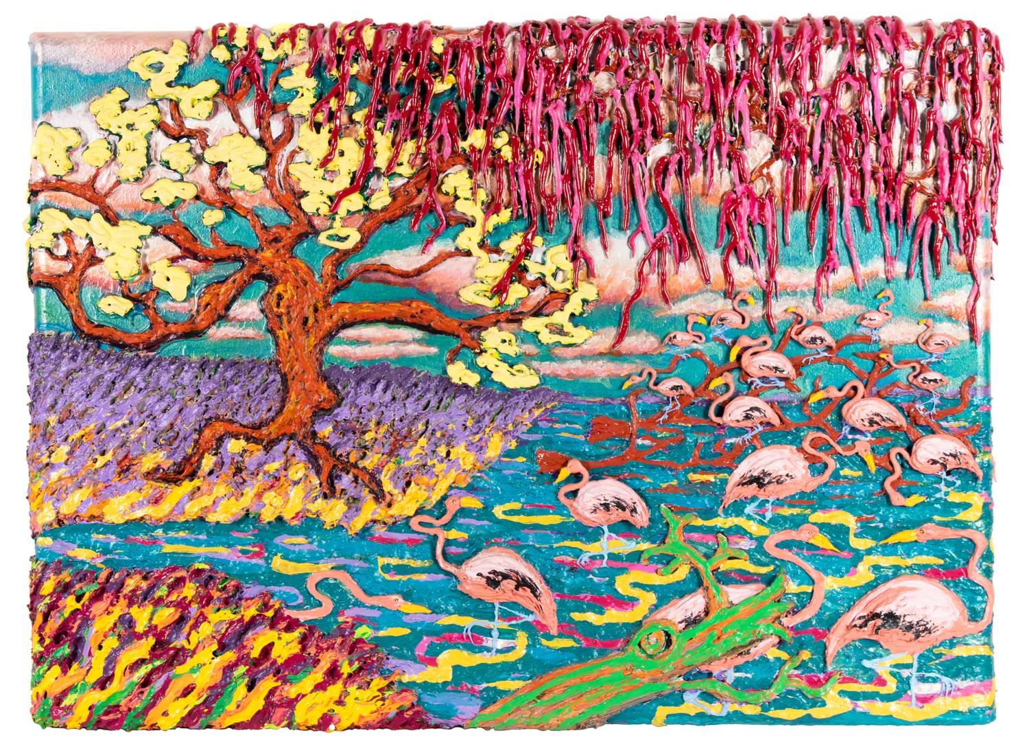 Pink Flamingos with Hanging Moss