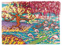 Pink Flamingos with Hanging Moss