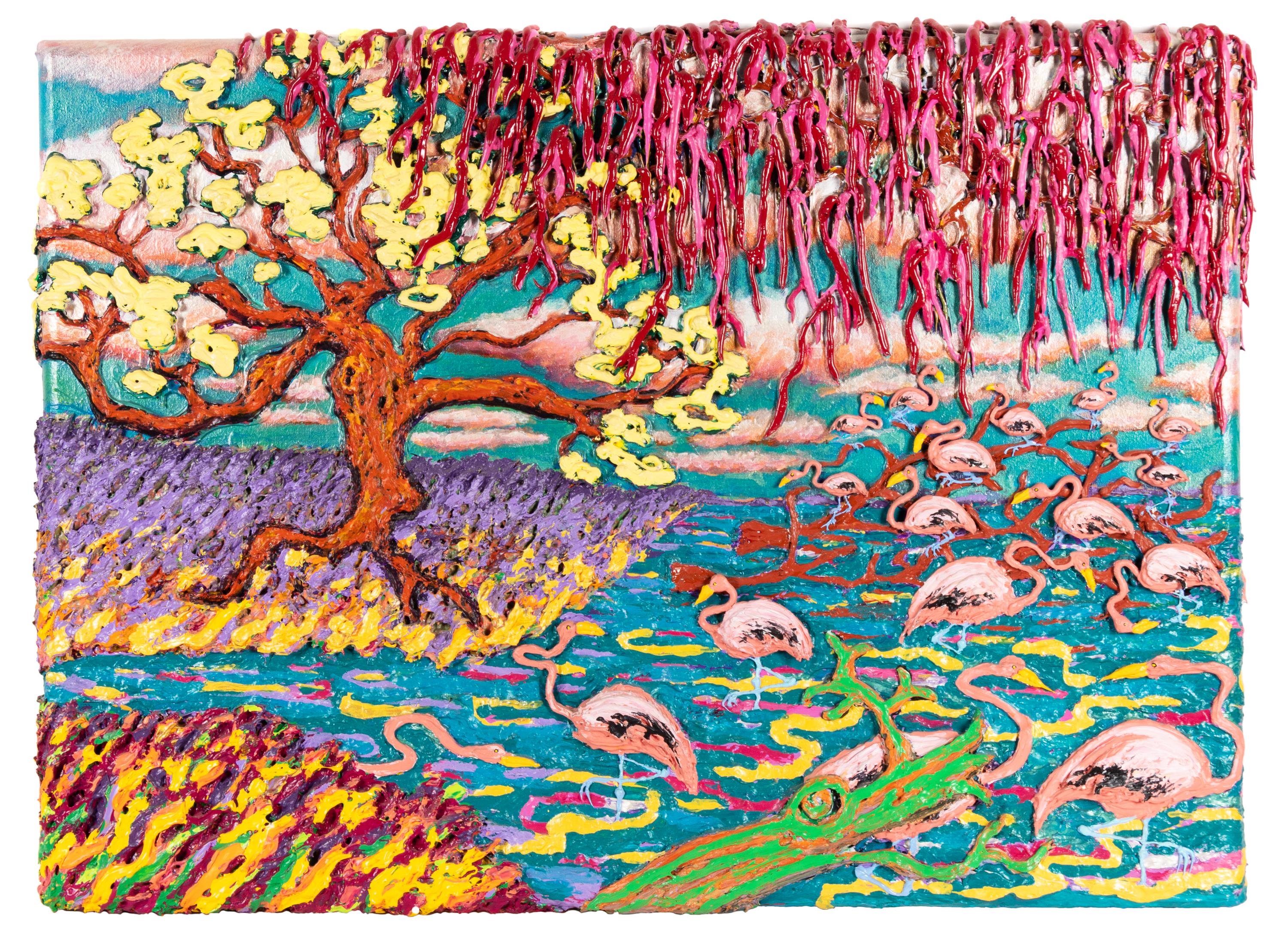 Pink Flamingos with Hanging Moss