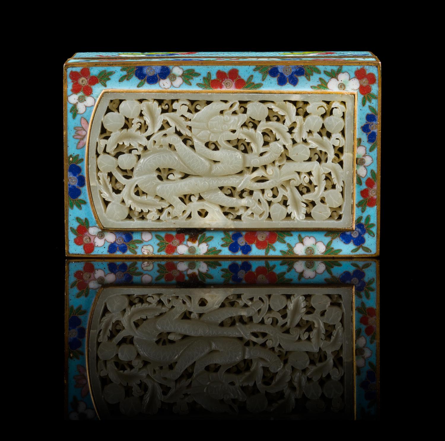 A Chinese Pierce Carved Jade Mounted Cloisonne Box JADE MING DYNASTY, CLOISONNE BOX EARLY 20TH CENTURY — JADE MING DYNASTY, CLOISONNE BOX EARLY 20TH CENTURY