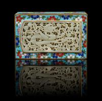A Chinese Pierce Carved Jade Mounted Cloisonne Box JADE MING DYNASTY, CLOISONNE BOX EARLY 20TH CENTURY — JADE MING DYNASTY, CLOISONNE BOX EARLY 20TH CENTURY