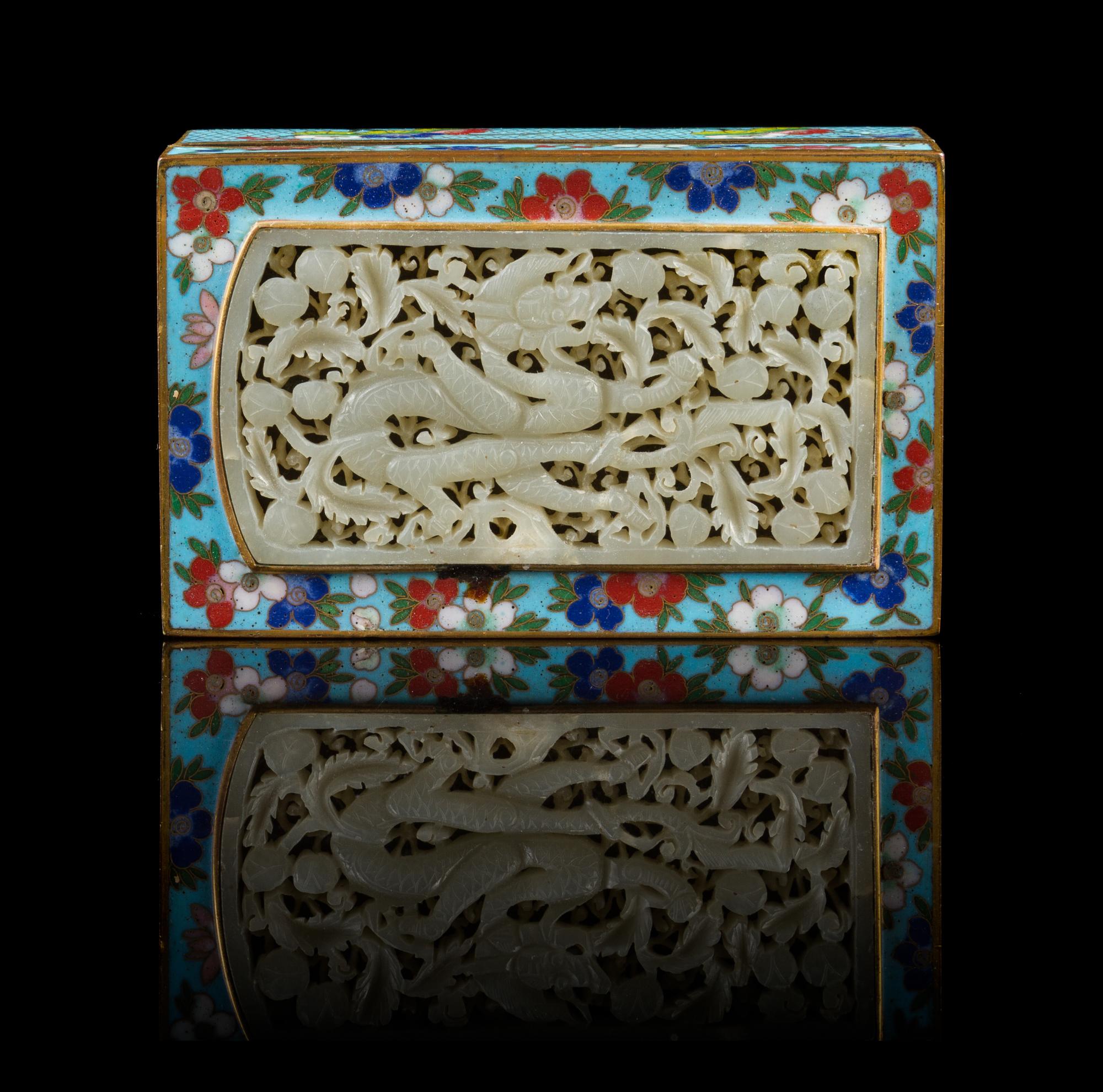 A Chinese Pierce Carved Jade Mounted Cloisonne Box JADE MING DYNASTY, CLOISONNE BOX EARLY 20TH CENTURY — JADE MING DYNASTY, CLOISONNE BOX EARLY 20TH CENTURY