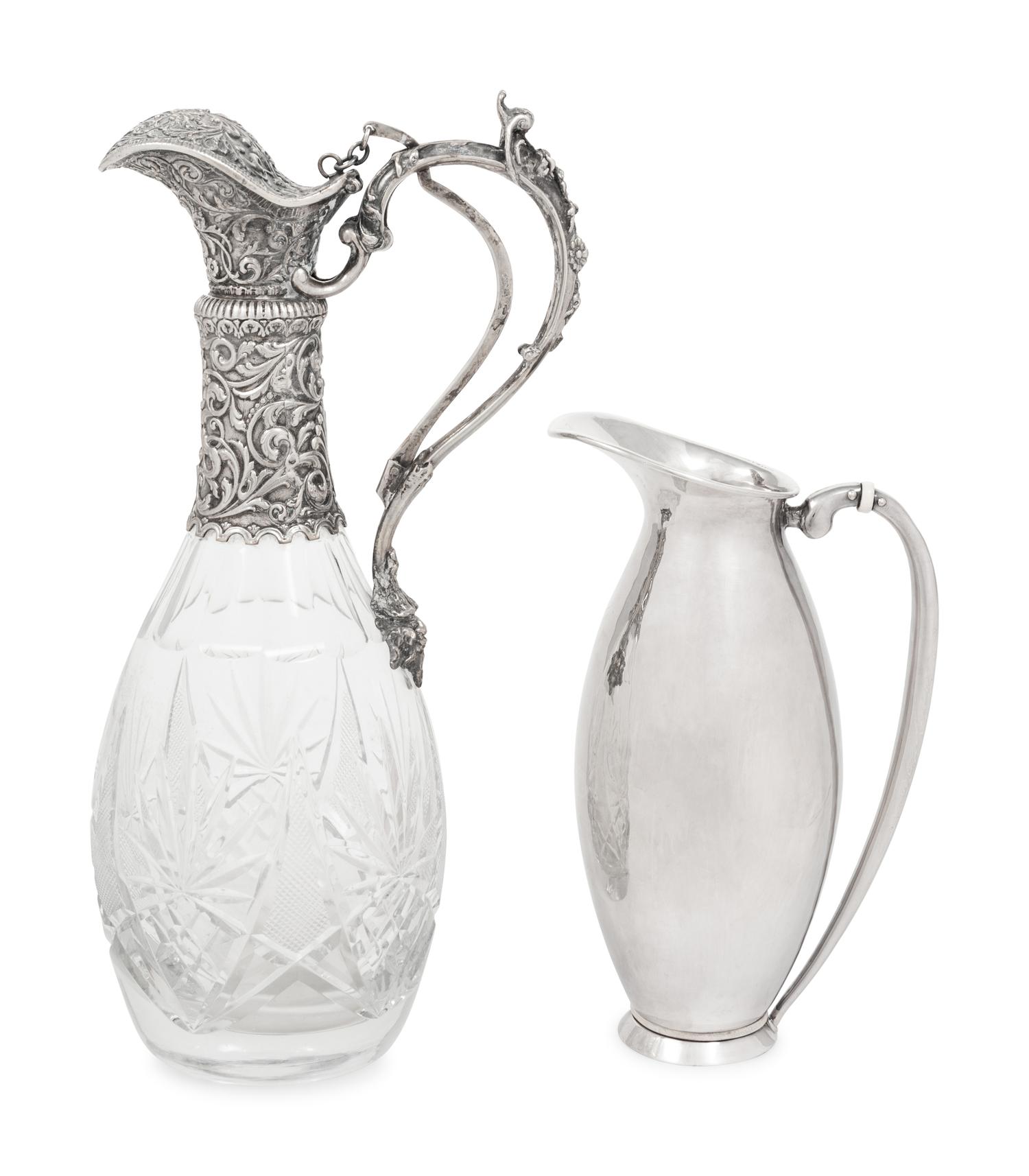 A Silver Mounted Cut Glass Claret Jug and a Danish Silver Pitcher