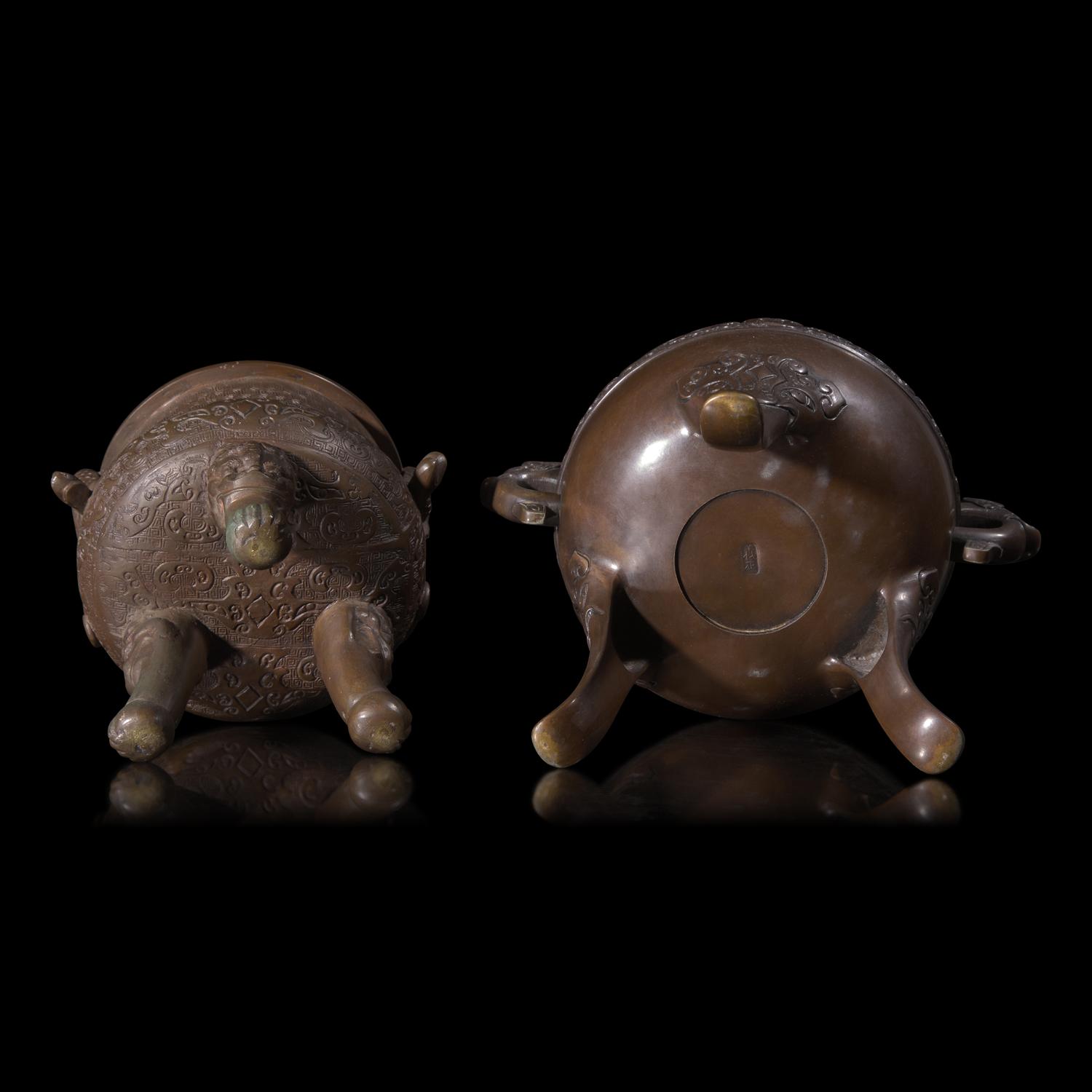 Two Japanese Bronze Tripod Incense Burners