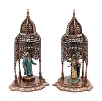 A Pair of Levantine Marquetry and Mother-of-Pearl Inlaid Architectural Models with Austrian Cold-Painted Bronze Figures