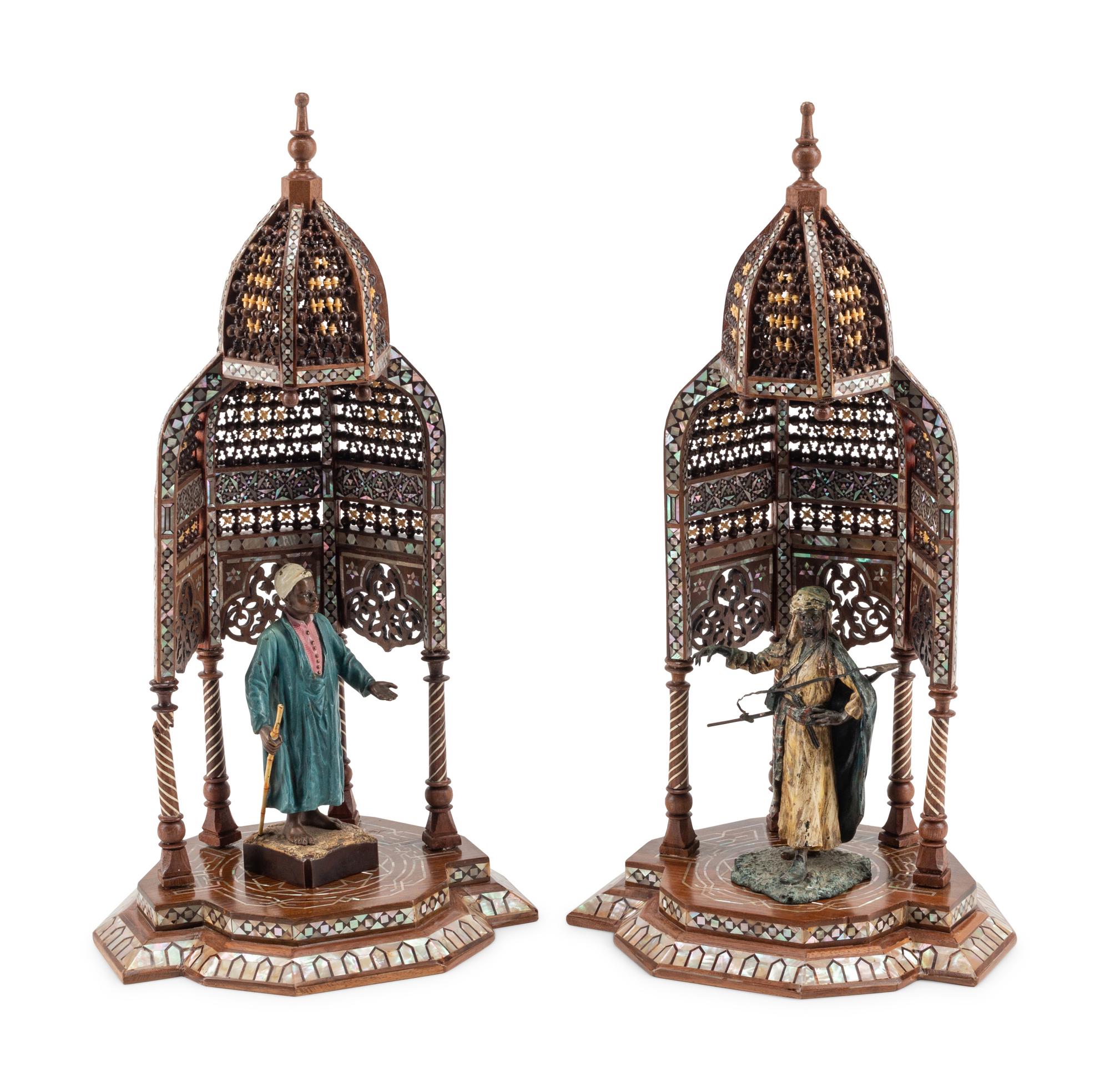 A Pair of Levantine Marquetry and Mother-of-Pearl Inlaid Architectural Models with Austrian Cold-Painted Bronze Figures