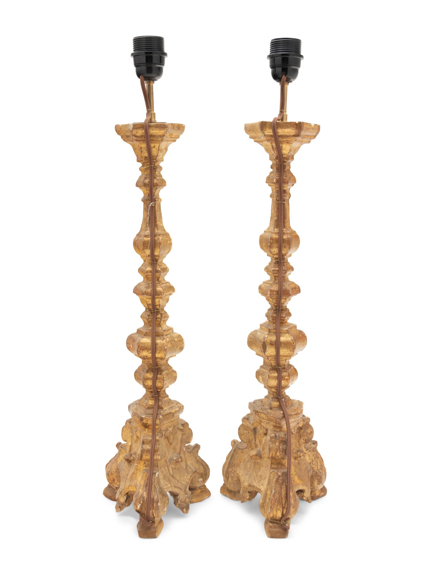 A Pair of French Giltwood Prickets Mounted as Lamps