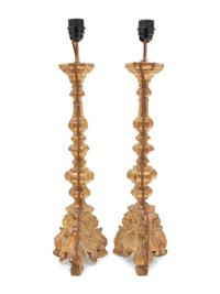 A Pair of French Giltwood Prickets Mounted as Lamps