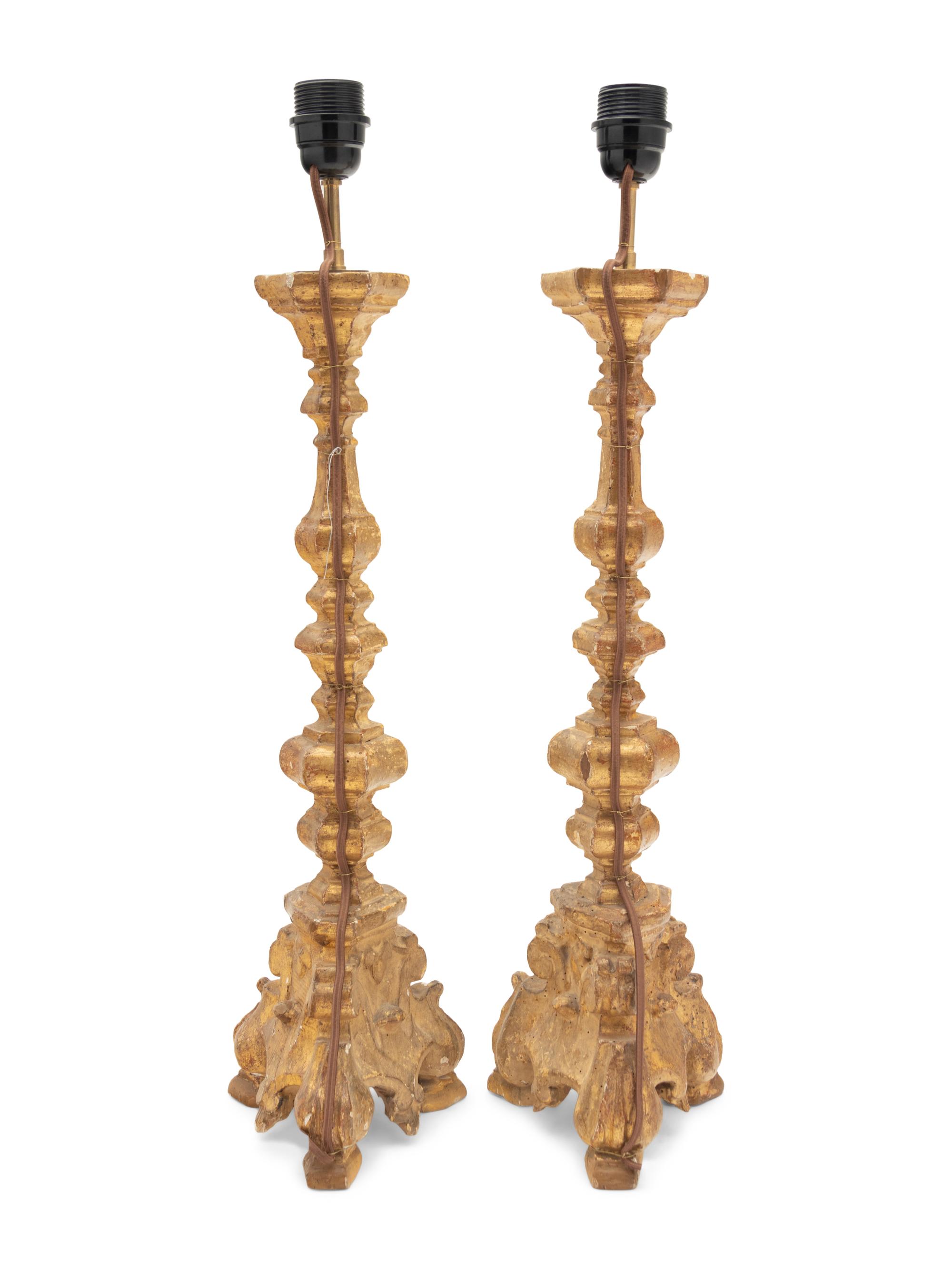 A Pair of French Giltwood Prickets Mounted as Lamps