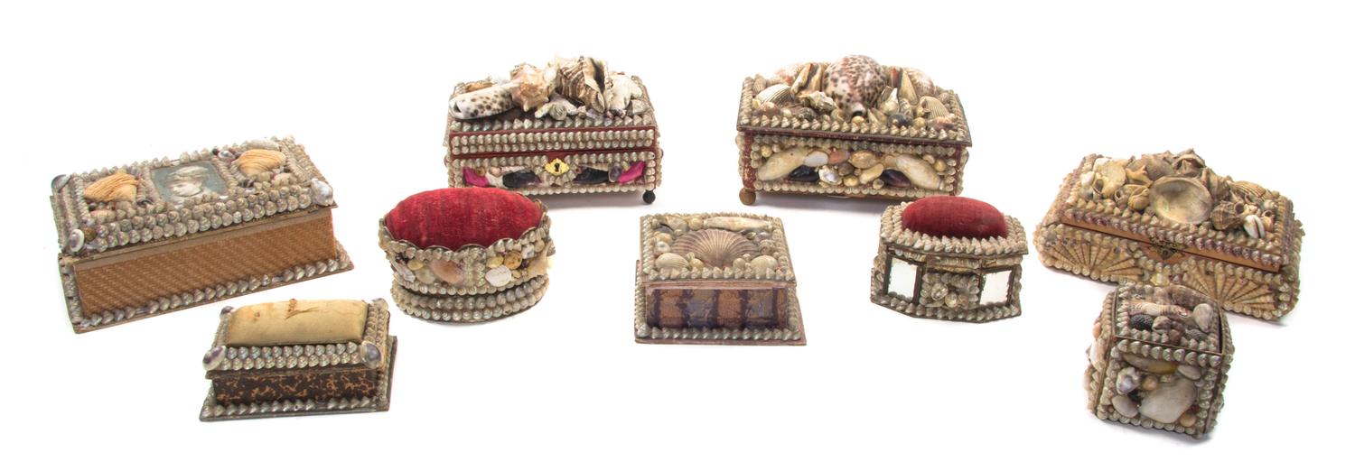 Nine Folk Art Shell Boxes, LATE 19TH CENTURY, Width of widest 7 1/2 inches. — LATE 19TH CENTURY,
