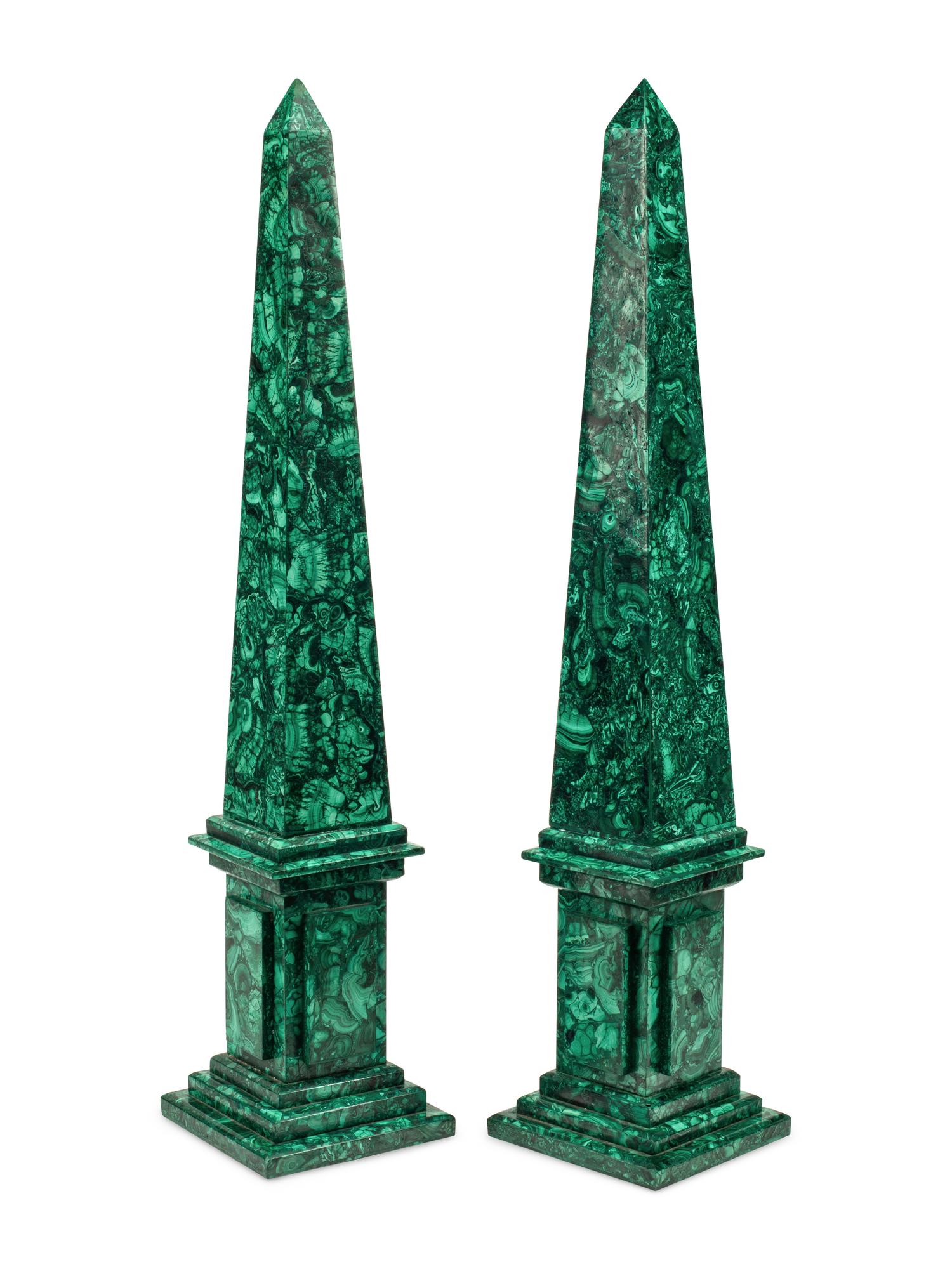 A Pair of Large Malachite Veneered Obelisks