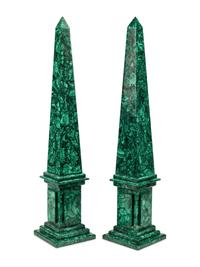 A Pair of Large Malachite Veneered Obelisks