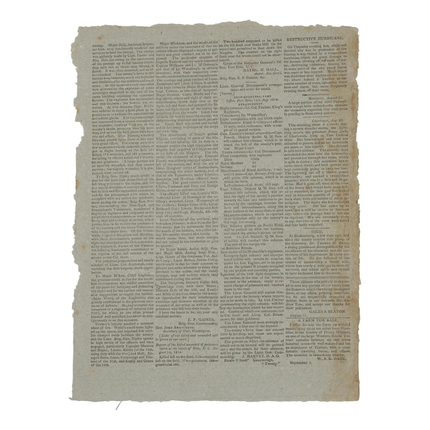 [War of 1812] The National Intelligencer 's Third Issue, Published After Its Press and Building Were Destroyed in the Burning of Washington, D.C., September 1, 1814