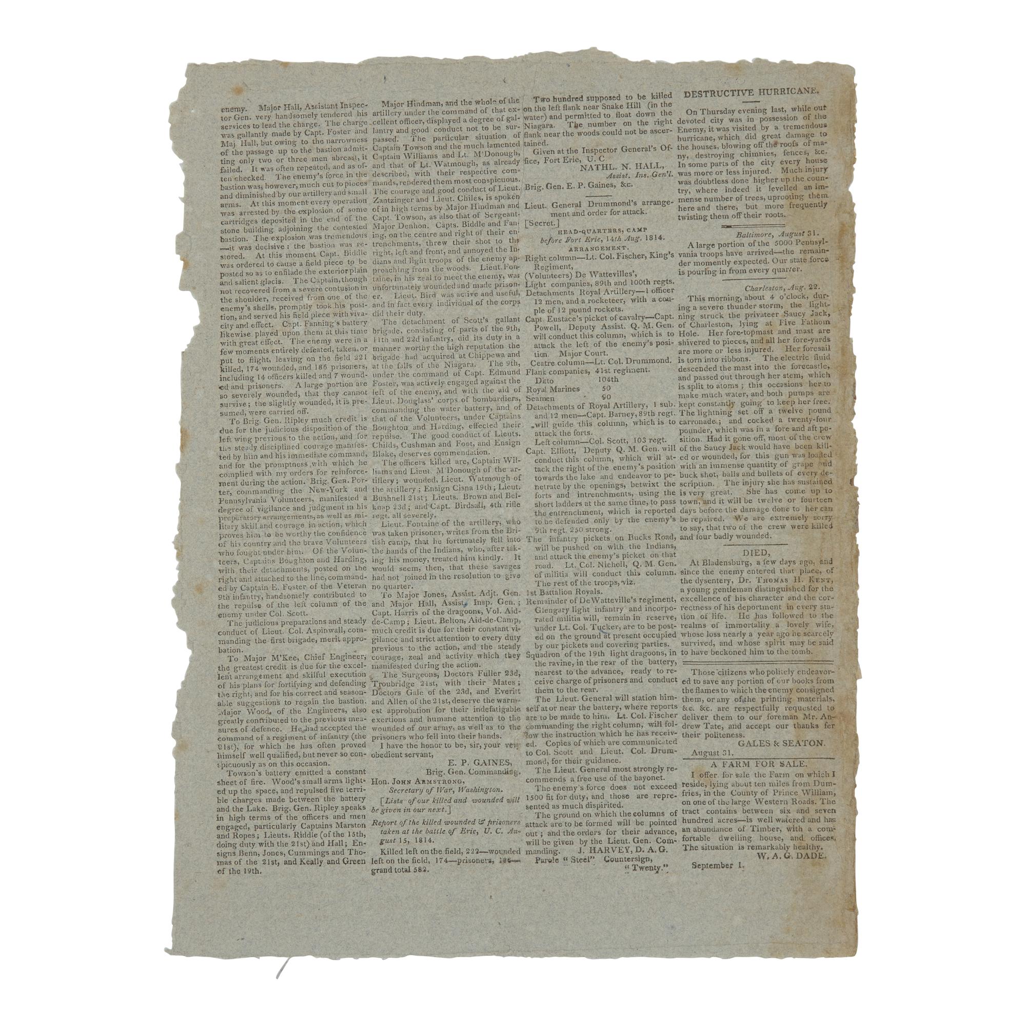 [War of 1812] The National Intelligencer 's Third Issue, Published After Its Press and Building Were Destroyed in the Burning of Washington, D.C., September 1, 1814