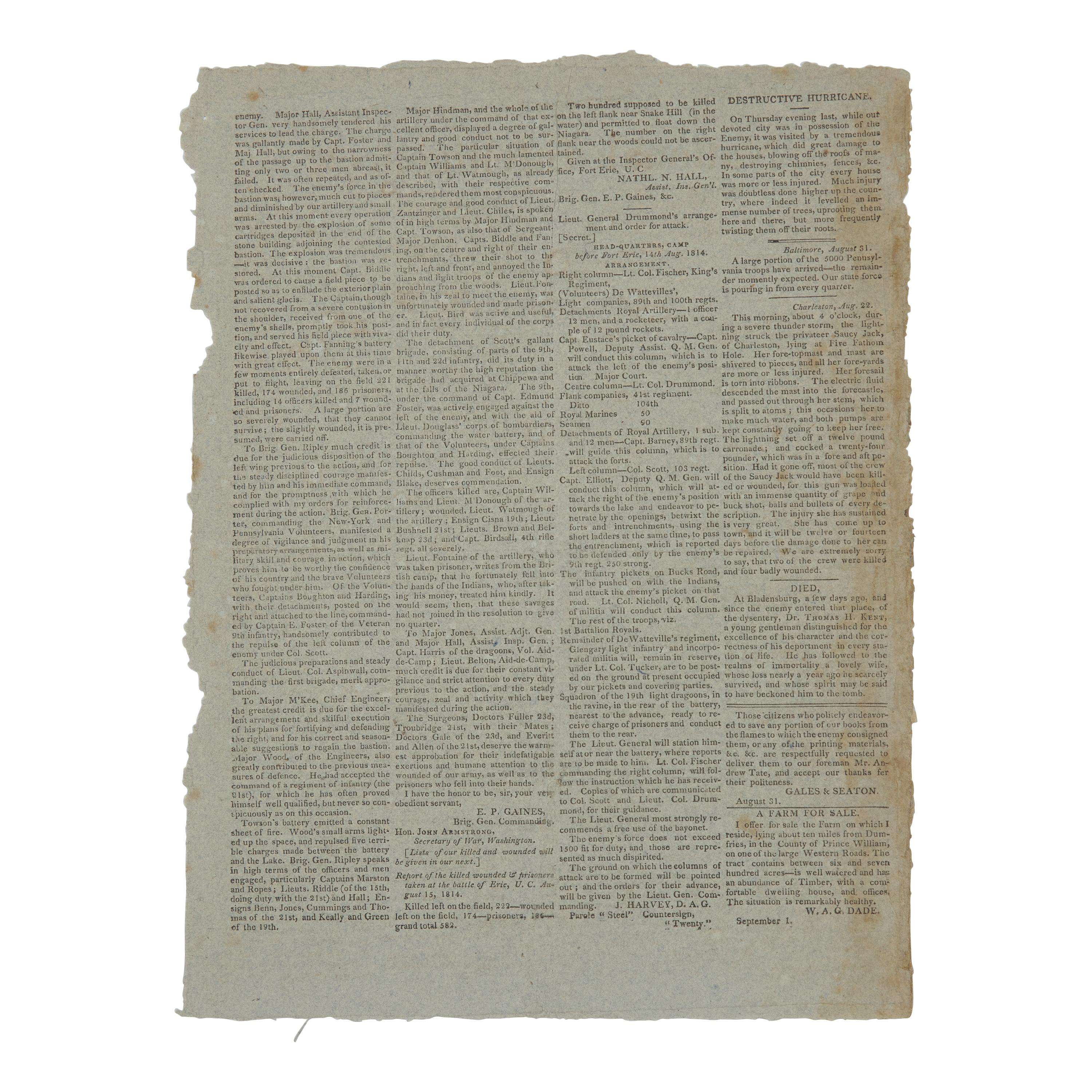 *[War of 1812] The National Intelligencer 's Third Issue, Published After Its Press and Building Were Destroyed in the Burning of Washington, D.C., September 1, 1814
