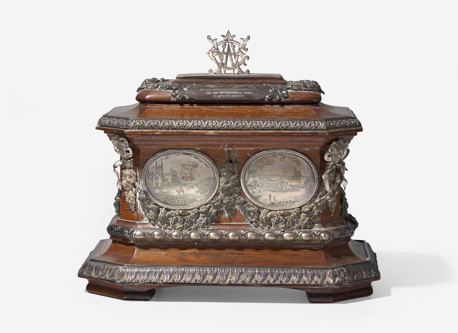An English Engraved Silver-Mounted Presentation Tea Caddy