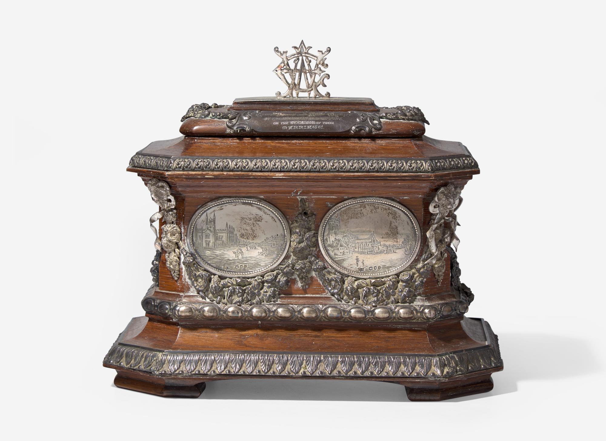 An English Engraved Silver-Mounted Presentation Tea Caddy
