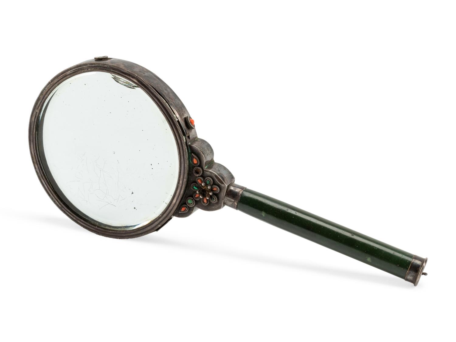 A Chinese Export Hardstone, Silver and Spinach Jade Mirror