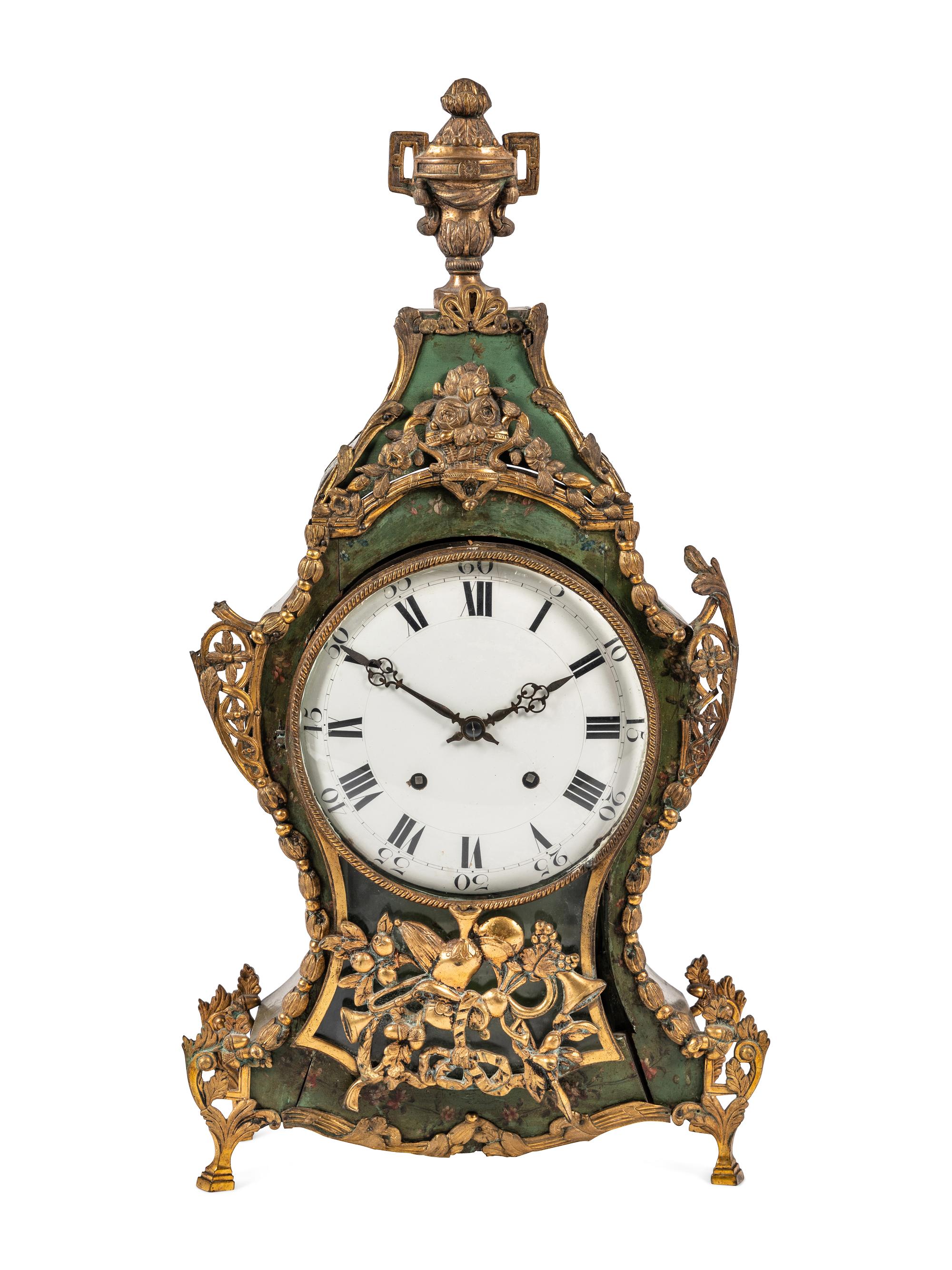 A Louis XV Gilt Metal Mounted Green-Painted Bracket Clock and Bracket