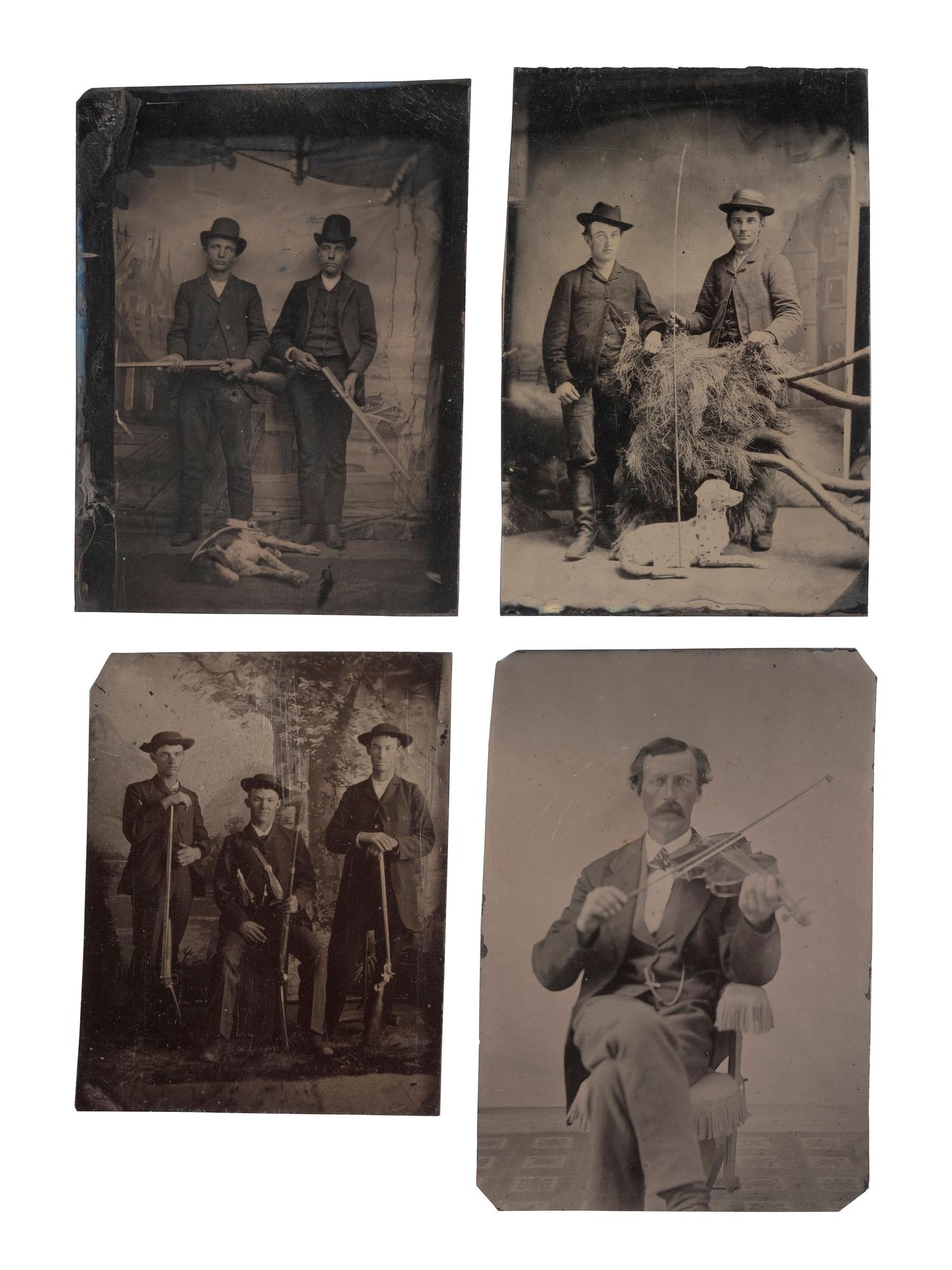 [EARLY PHOTOGRAPHY]. A group of 6 tinypes of hobbyists and hunters.