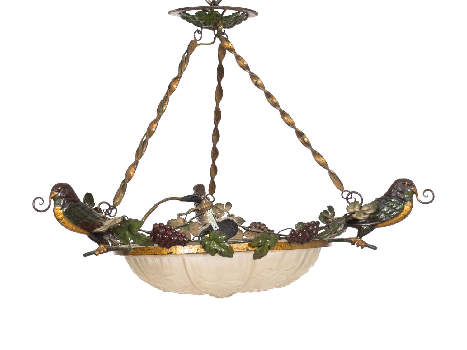 A French Wrought Iron and Frosted Glass Plafonnier