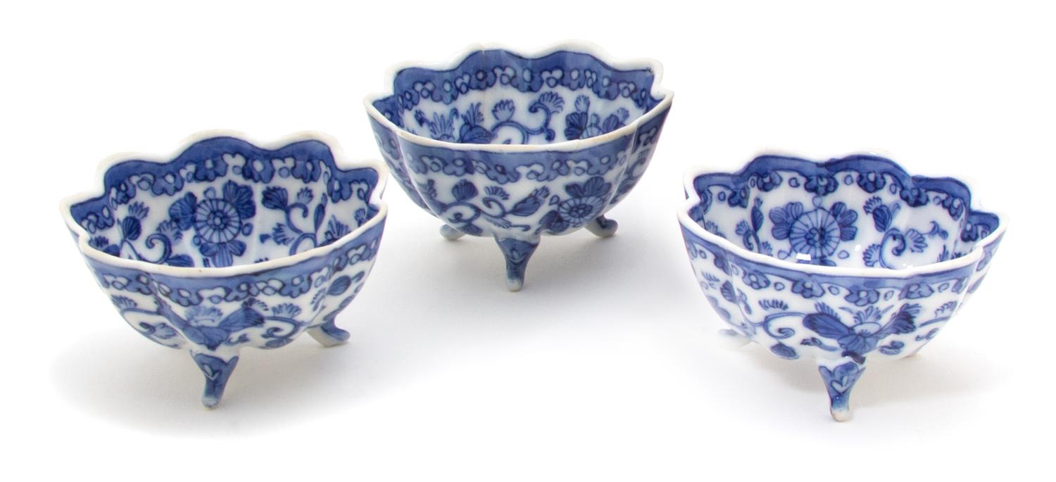 A Group of Three Blue and White Porcelain Footed Cups Height 1 5/8 inches. — 19TH CENTURY