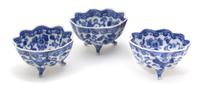 A Group of Three Blue and White Porcelain Footed Cups Height 1 5/8 inches. — 19TH CENTURY