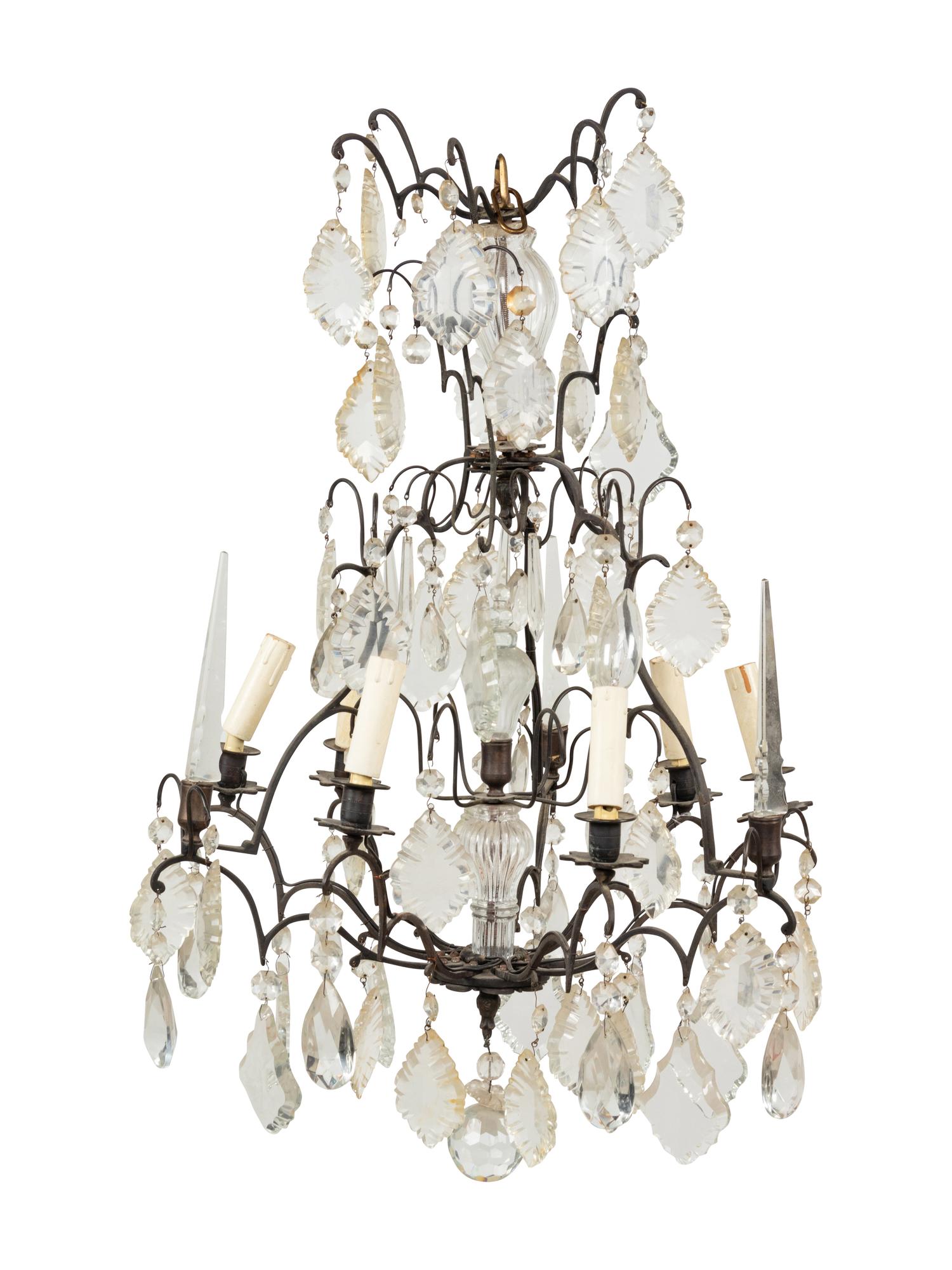 A French Cast Metal and Cut Glass Six-Light Chandelier