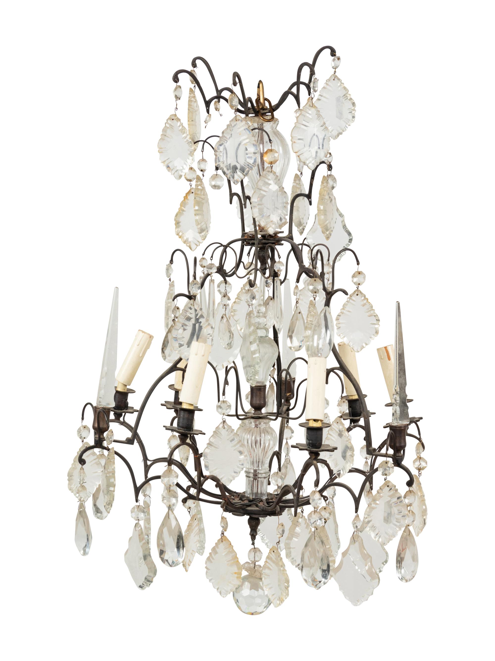 A French Cast Metal and Cut Glass Six-Light Chandelier