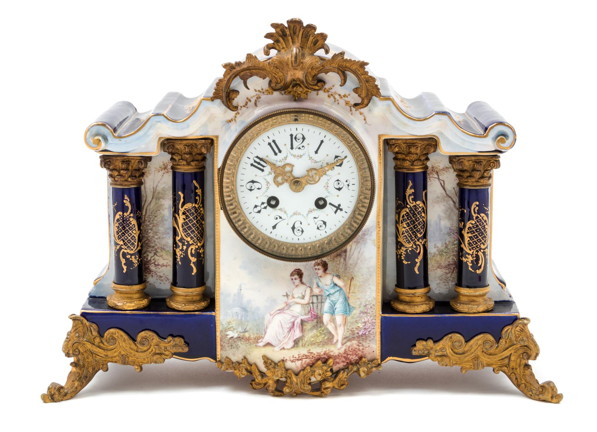 A French Gilt Metal Mounted Porcelain Mantel Clock Width 15 1/2 inches. — 19TH/20TH CENTURY