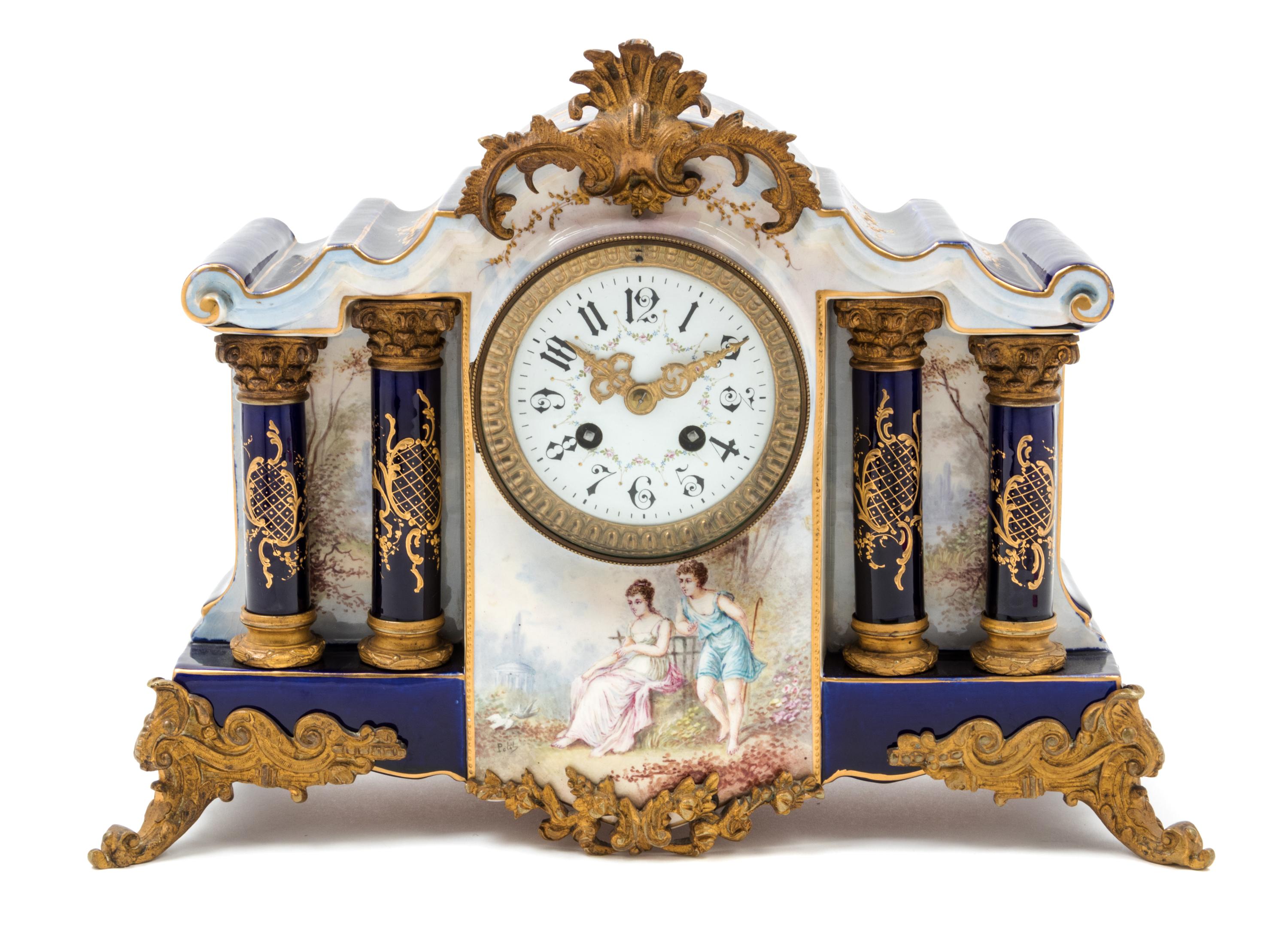 A French Gilt Metal Mounted Porcelain Mantel Clock Width 15 1/2 inches. — 19TH/20TH CENTURY