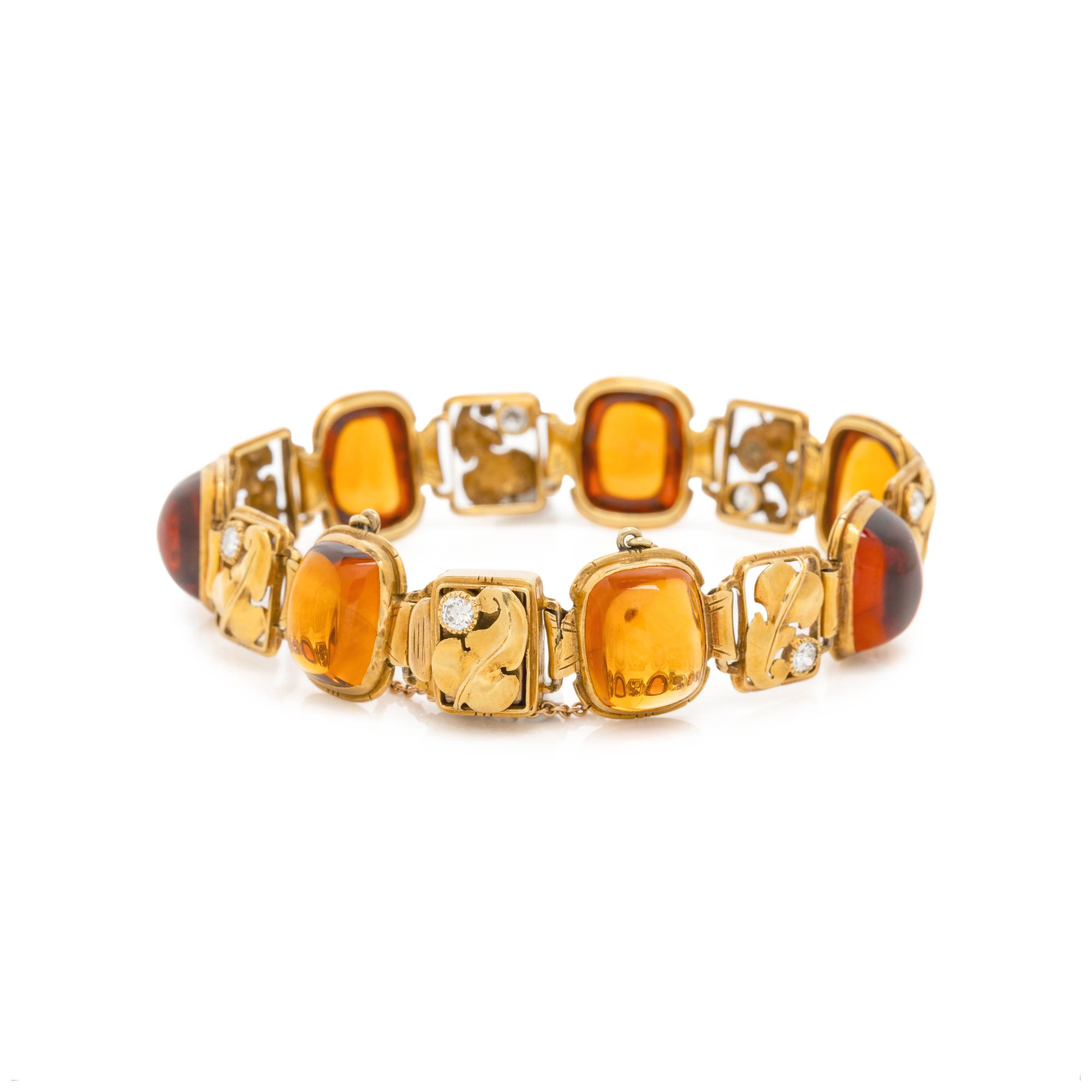 EDWARD EVERETT OAKES, ARTS & CRAFTS, YELLOW GOLD, CITRINE AND DIAMOND BRACELET