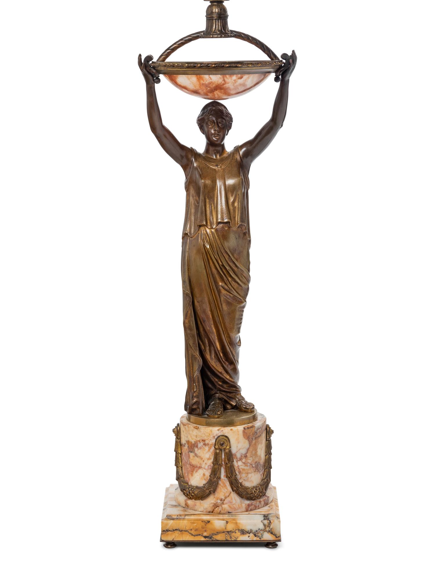 A Continental Gilt Bronze and Onyx Figural Table Lamp