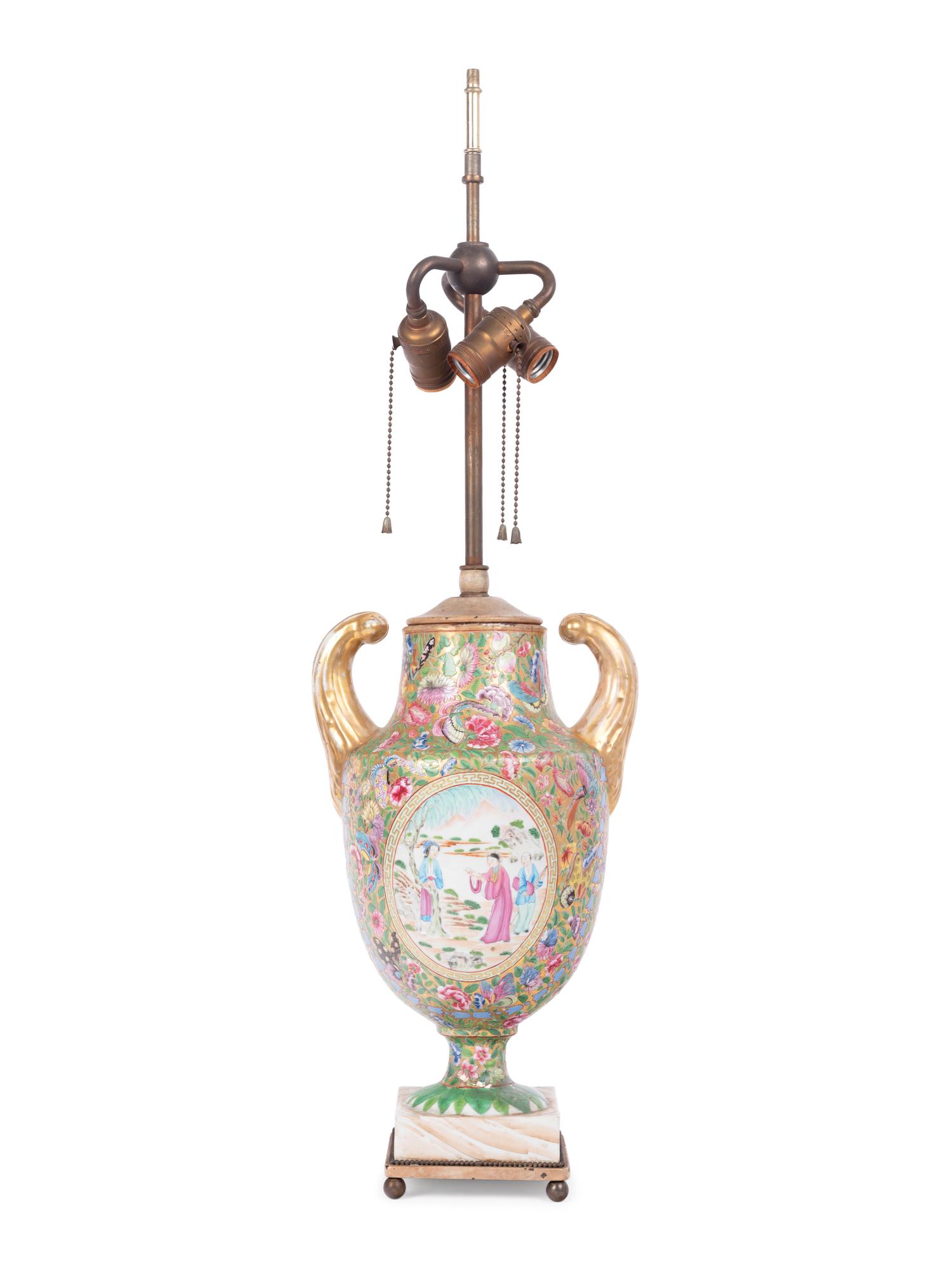 A Chinese Export Parcel Gilt and Faux Marble Decorated Famille Rose Porcelain Pistol-Handled Urn