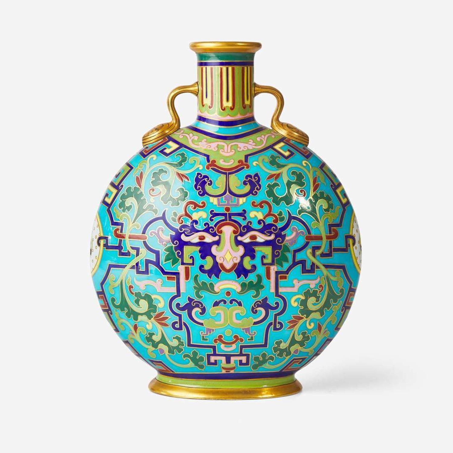 A Minton glazed porcelain moon flask Designed by Christopher Dresser (English, 1834-1904), England, circa 1870