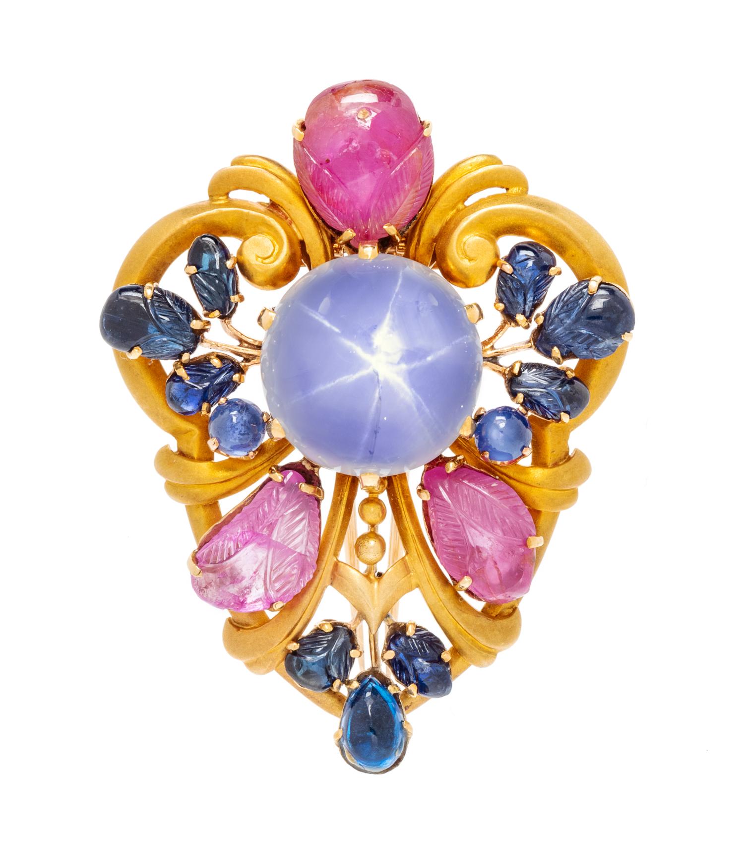 A 14 Karat Yellow Gold, Sapphire, Ruby and Stone Simulant Brooch, 21.50 dwts.
