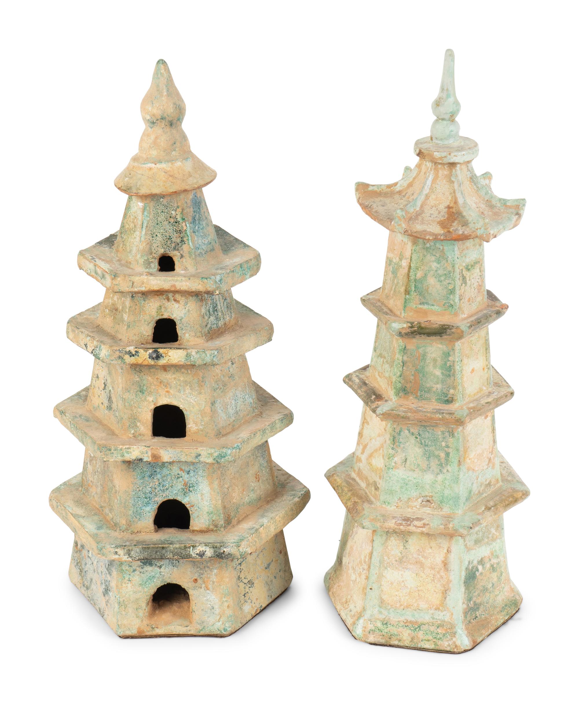Two Chinese Glazed Terracotta Pagoda Models — HAN DYNASTY