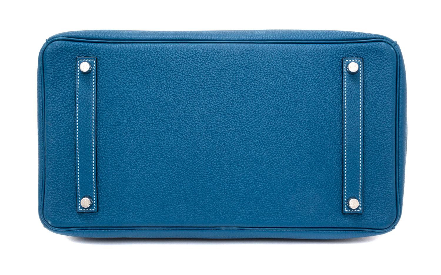 An Hermes Bleu Galice Togo 35cm Birkin Handbag, 14" x 10" x 7".