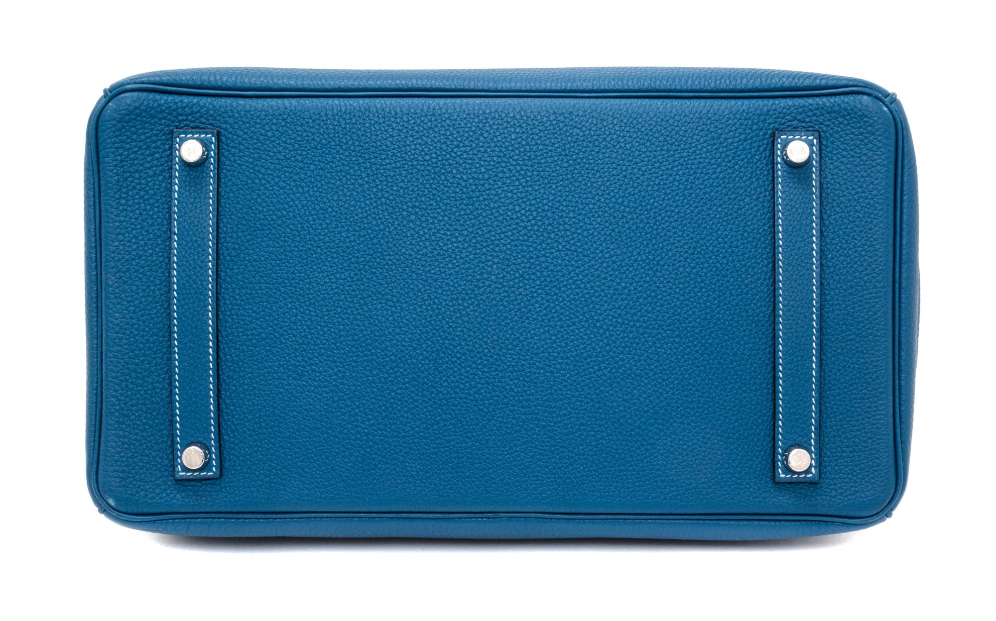 An Hermes Bleu Galice Togo 35cm Birkin Handbag, 14" x 10" x 7".