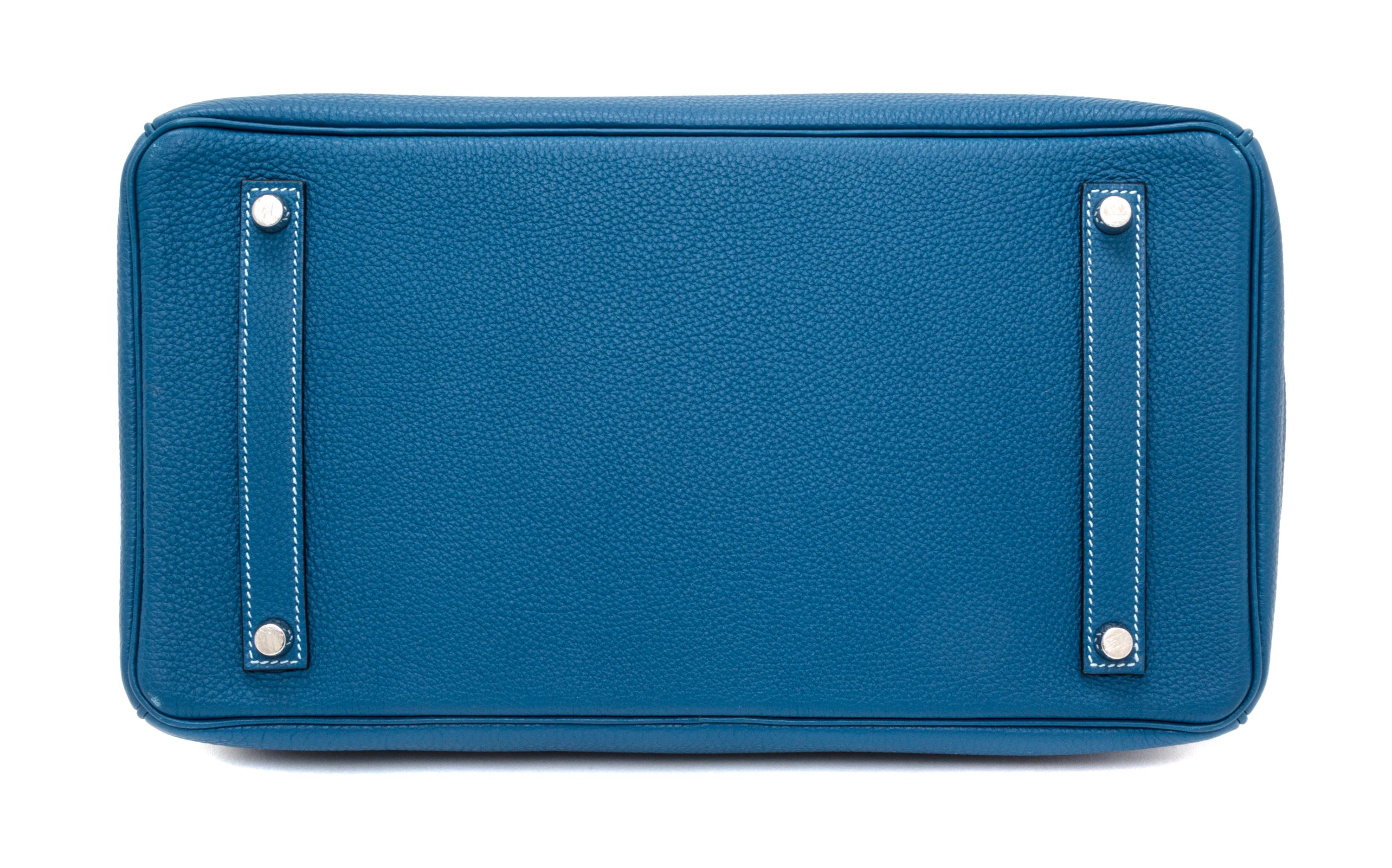 An Hermes Bleu Galice Togo 35cm Birkin Handbag, 14" x 10" x 7".