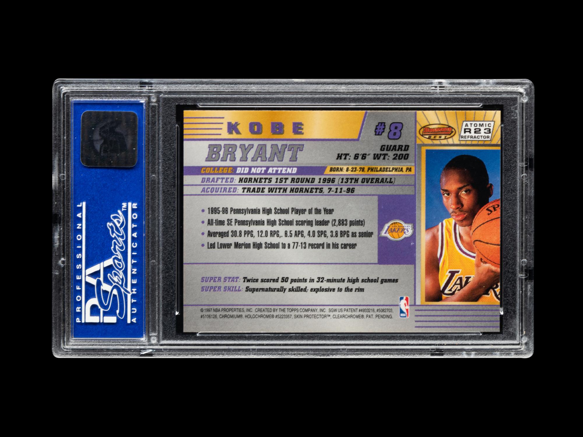 A 1996-97 Bowman’s Best Atomic Refractor Kobe Bryant Rookie Basketball Card No. R23 (PSA 9 MINT)