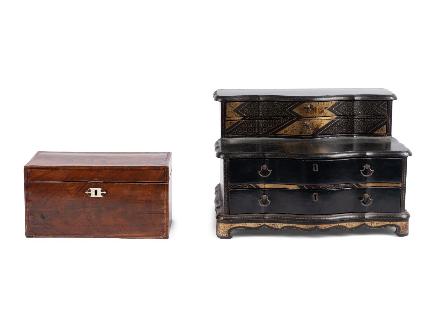 An English Mahogany Tea Caddy and an English Japanned Dressing Box