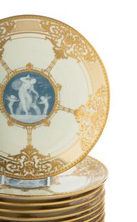 A Set of Ten Mintons Pâte-sur-Pâte Parcel-Gilt Porcelain Dinner Plates