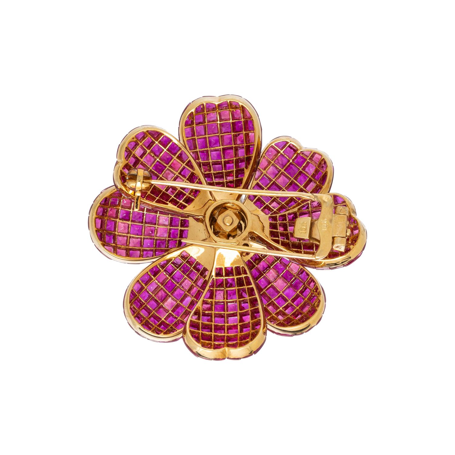 RUBY AND DIAMOND FLOWER BROOCH