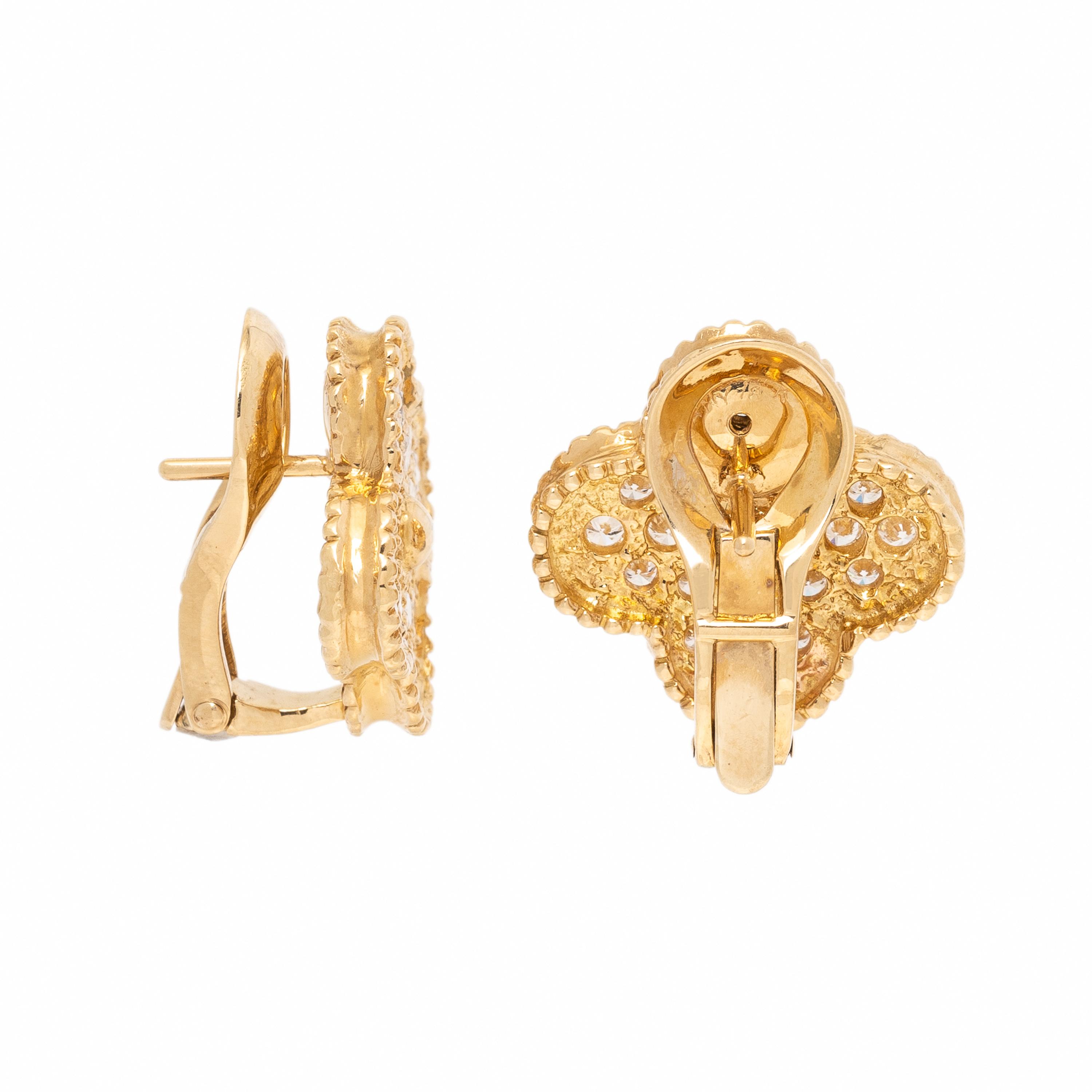 Van Cleef & Arpels, Diamond and Yellow Gold 'Alhambra' Earrings
