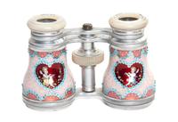 A Pair of French Enameled and Mother-of-Pearl Inset Opera Glasses, Width 4 1/8 inches.