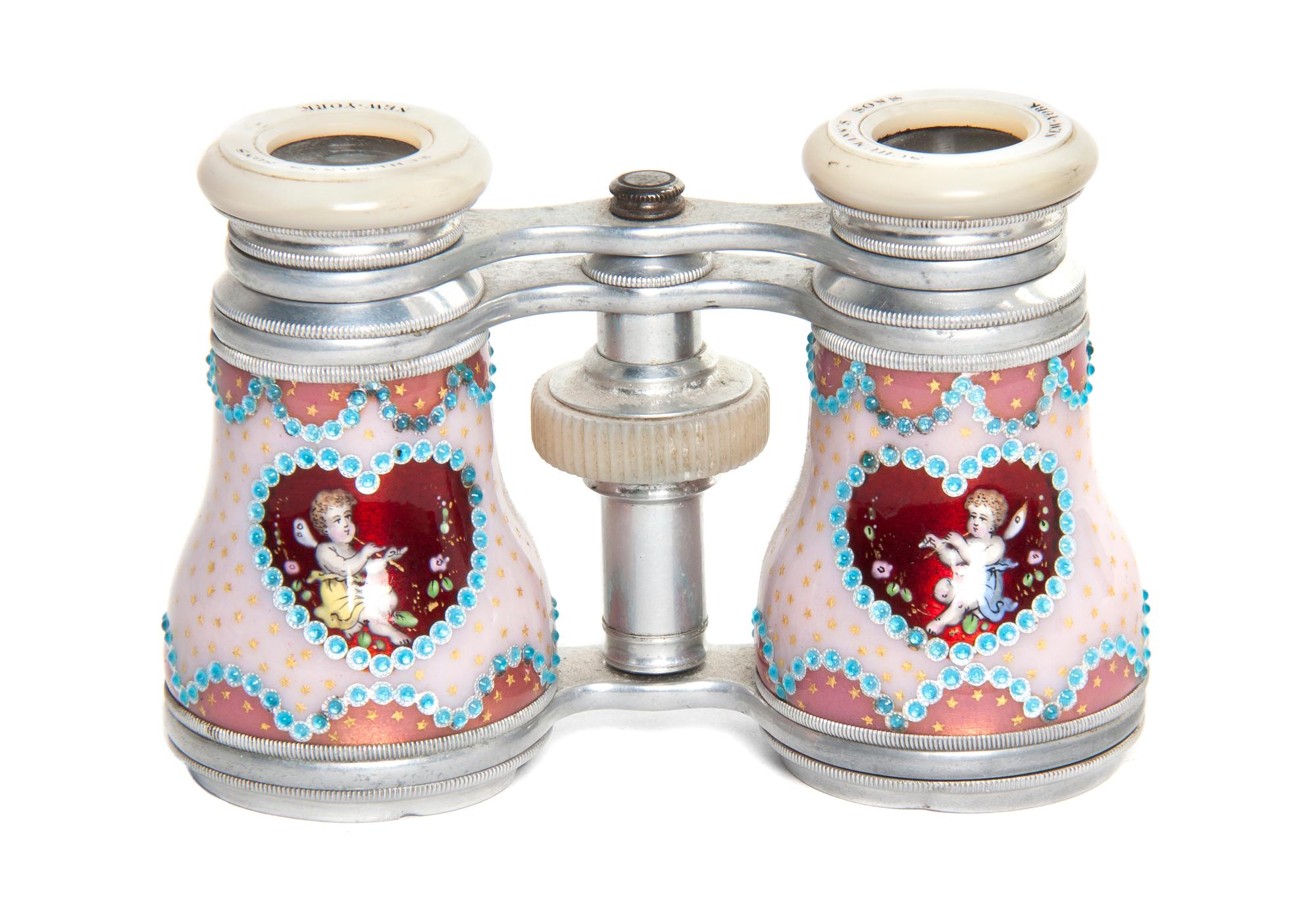 A Pair of French Enameled and Mother-of-Pearl Inset Opera Glasses, Width 4 1/8 inches.