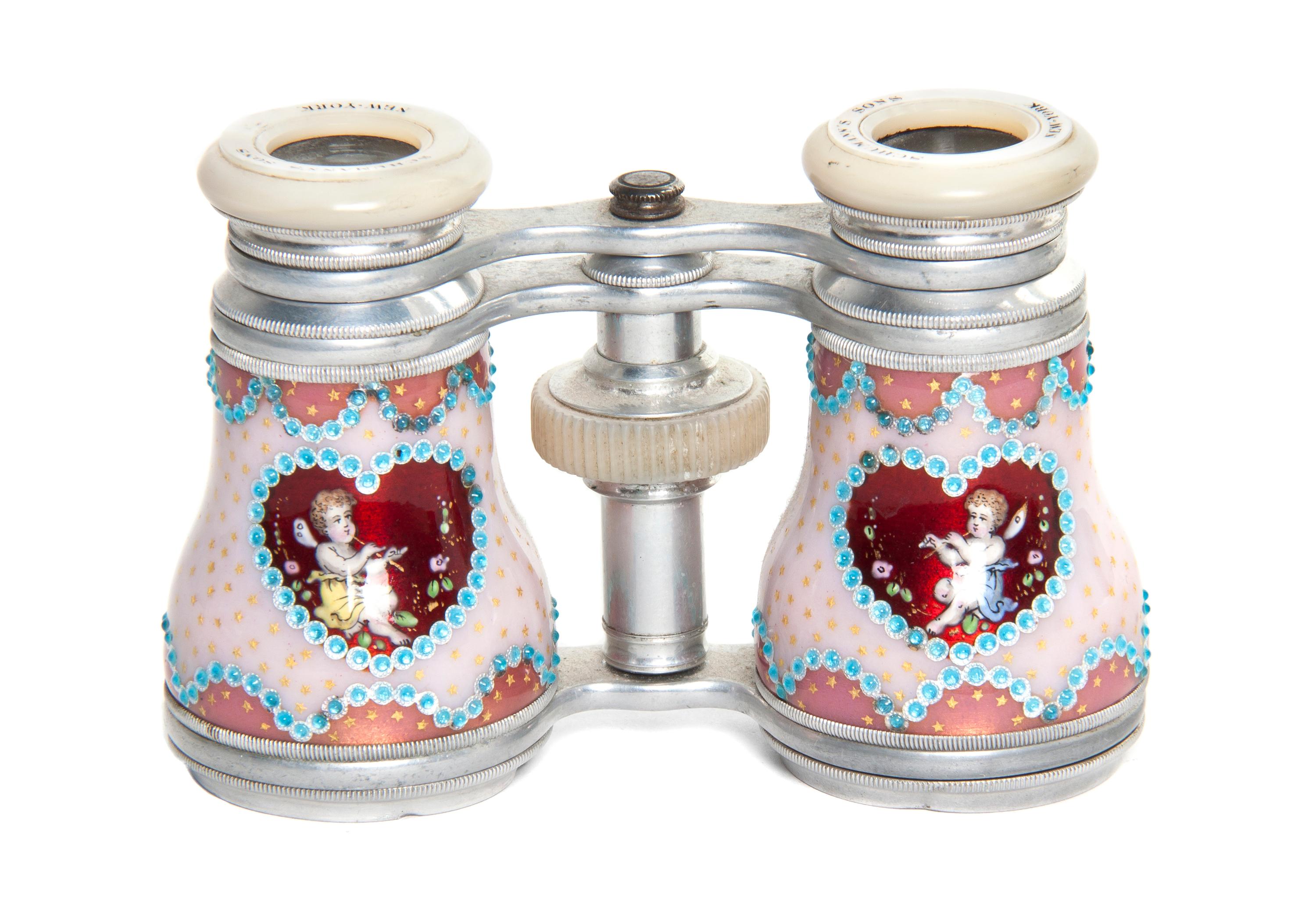 A Pair of French Enameled and Mother-of-Pearl Inset Opera Glasses, Width 4 1/8 inches.