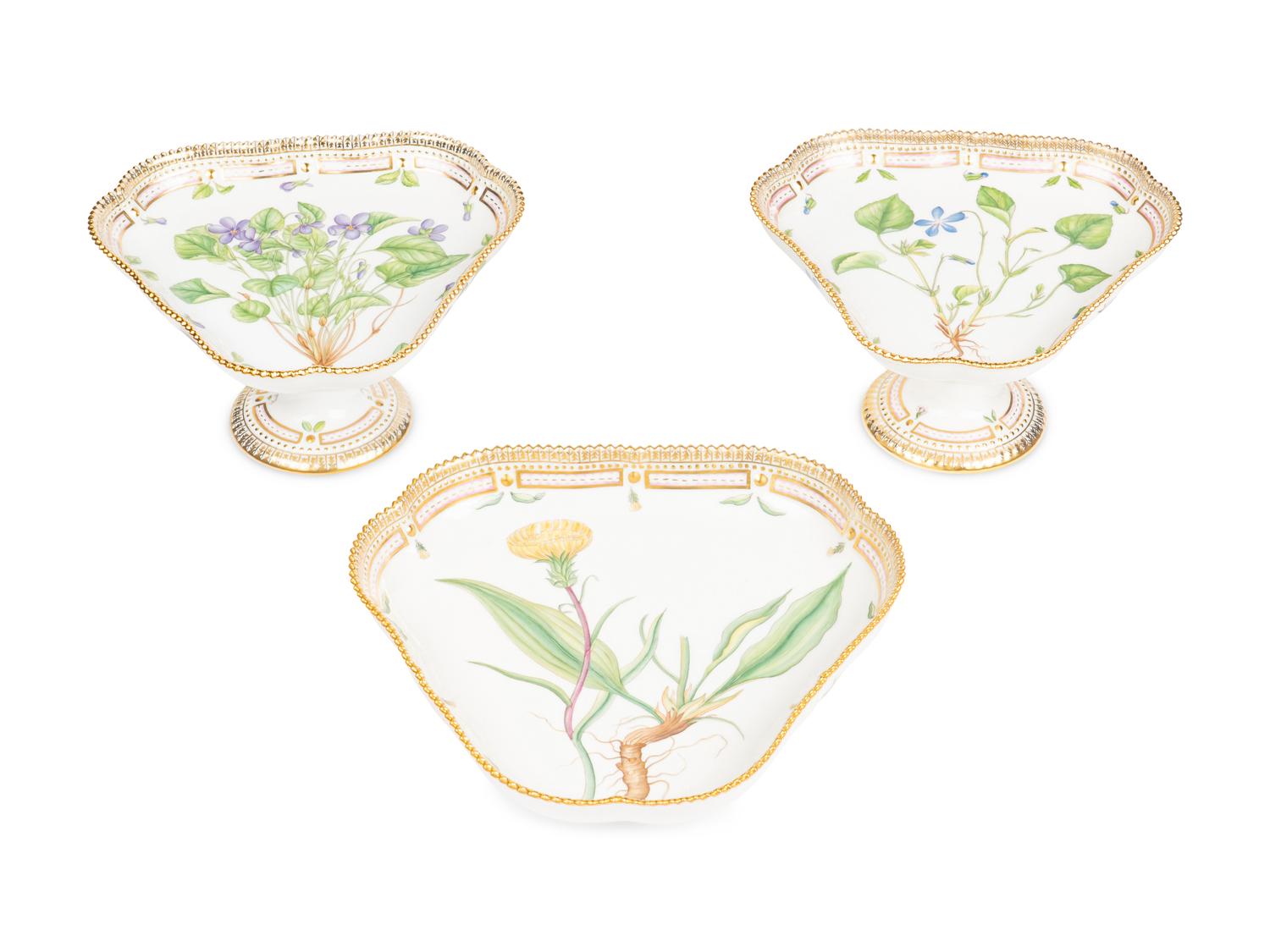A Pair of Royal Copenhagen Flora Danica Porcelain Triangular Compotes and a Triangular Salad Bowl