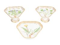A Pair of Royal Copenhagen Flora Danica Porcelain Triangular Compotes and a Triangular Salad Bowl